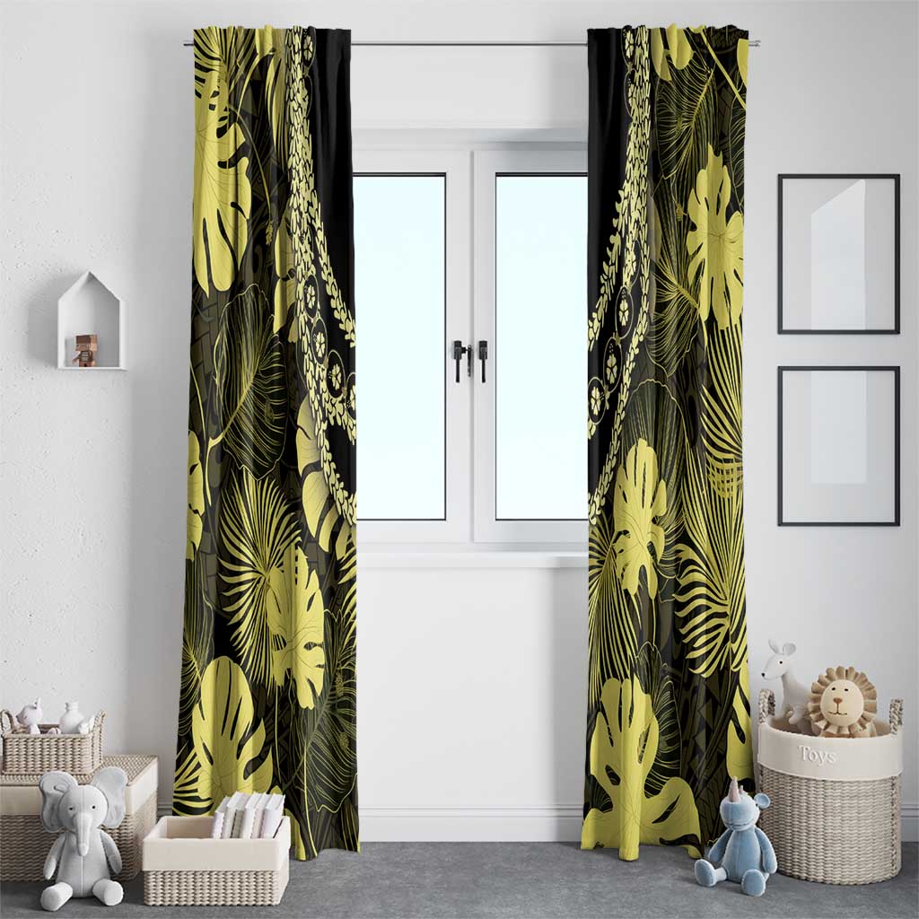 Yellow Hawaii Kukui Nut Lei Window Curtain Hawaiian Pattern Monstera Tropical Vibes - Polynesian Pride