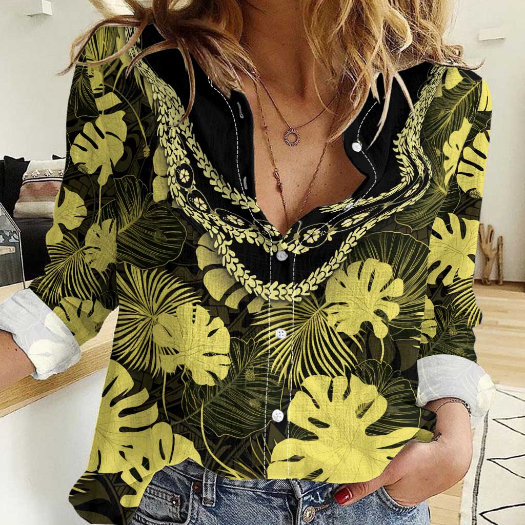 Yellow Hawaii Kukui Nut Lei Women Casual Shirt Hawaiian Pattern Monstera Tropical Vibes - Polynesian Pride