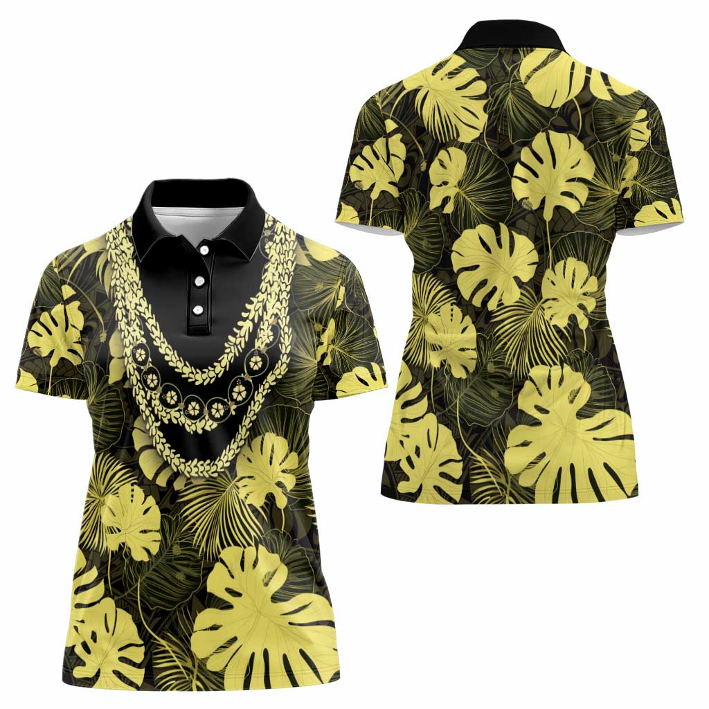 Yellow Hawaii Kukui Nut Lei Women Polo Shirt Hawaiian Pattern Monstera Tropical Vibes - Polynesian Pride