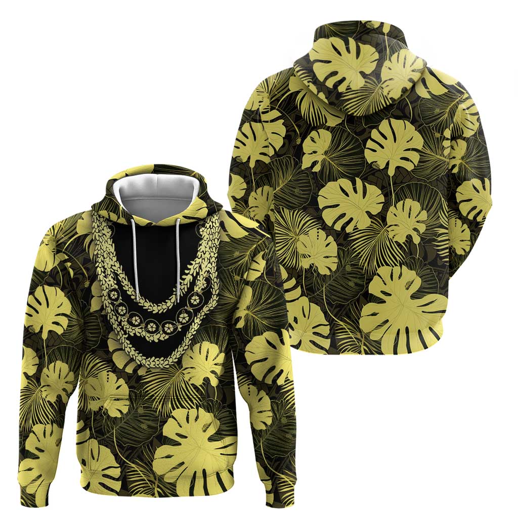 Yellow Hawaii Kukui Nut Lei Zip Hoodie Hawaiian Pattern Monstera Tropical Vibes - Polynesian Pride