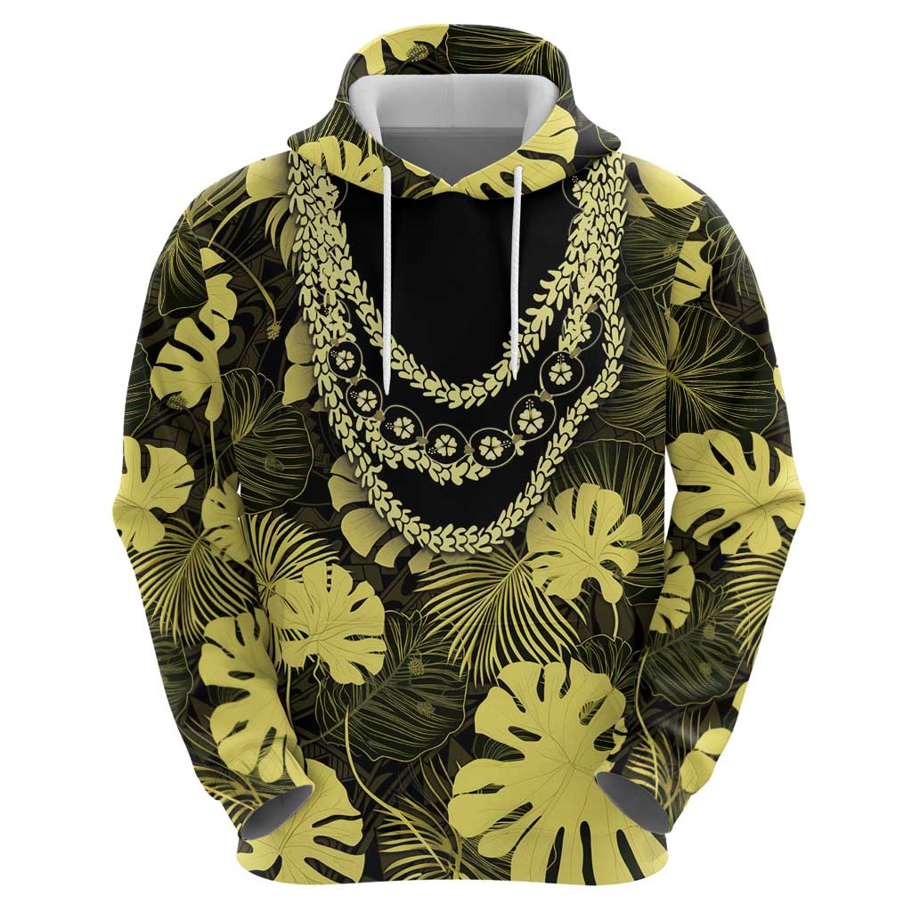 Yellow Hawaii Kukui Nut Lei Zip Hoodie Hawaiian Pattern Monstera Tropical Vibes - Polynesian Pride