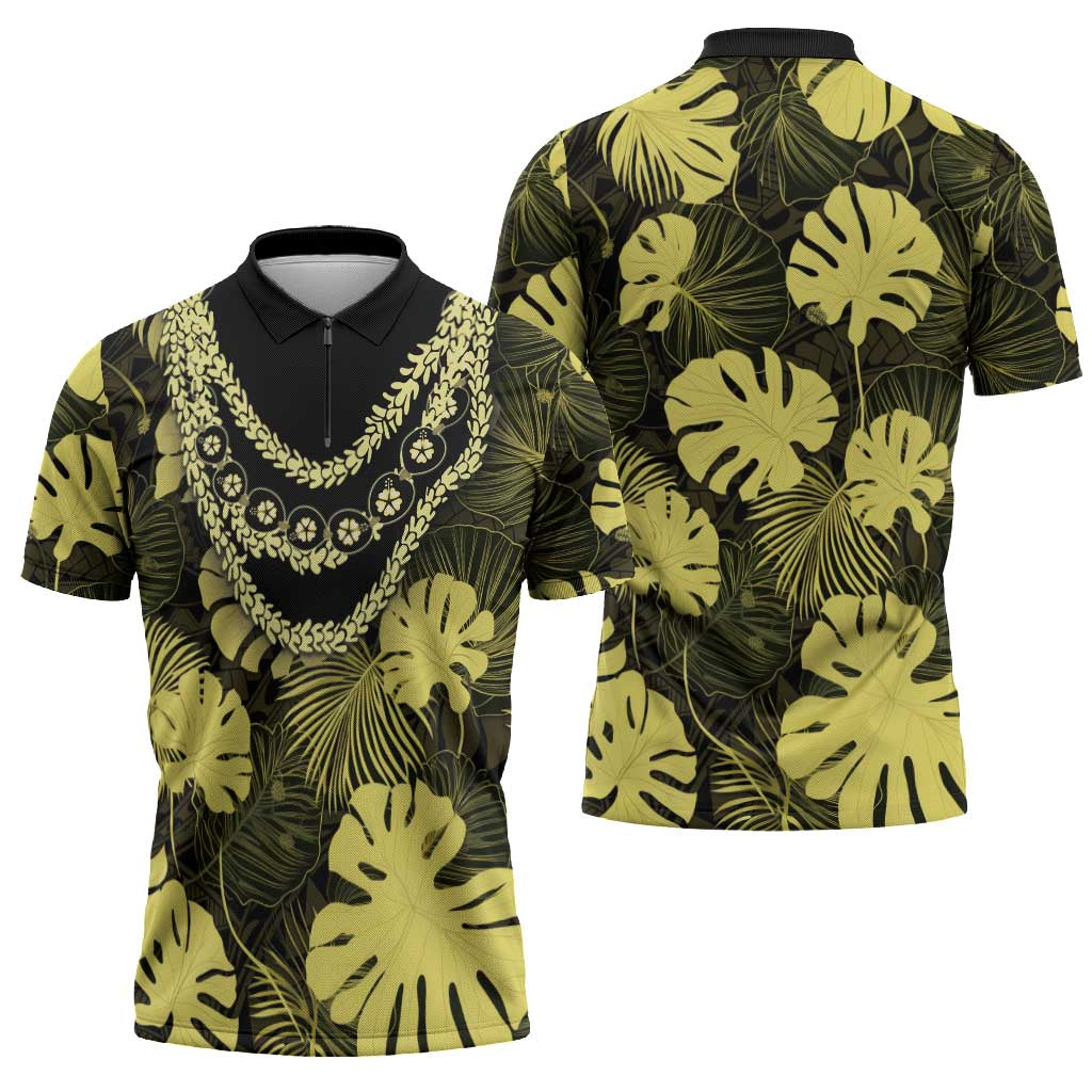 Yellow Hawaii Kukui Nut Lei Zipper Polo Shirt Hawaiian Pattern Monstera Tropical Vibes - Polynesian Pride