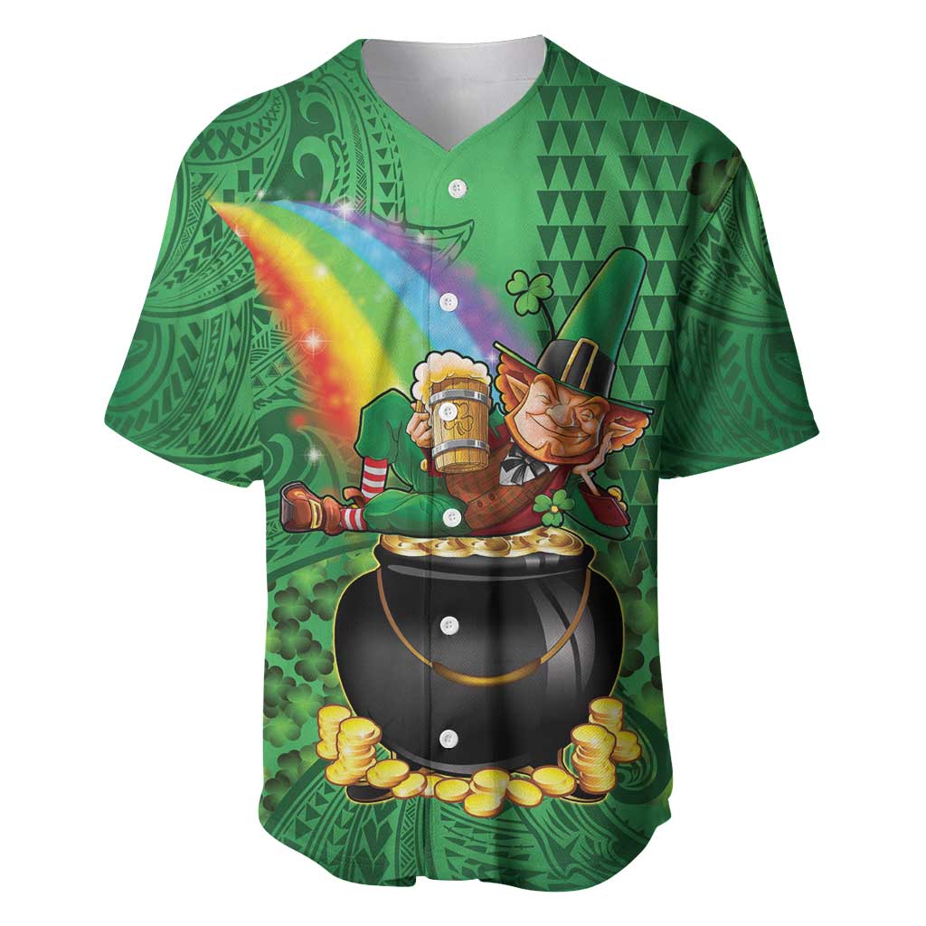 Hawaii Saint Patrick's Day Baseball Jersey Funny Leprechaun With Pot Of Gold - Polynesian Tattoo LT14 Green - Polynesian Pride
