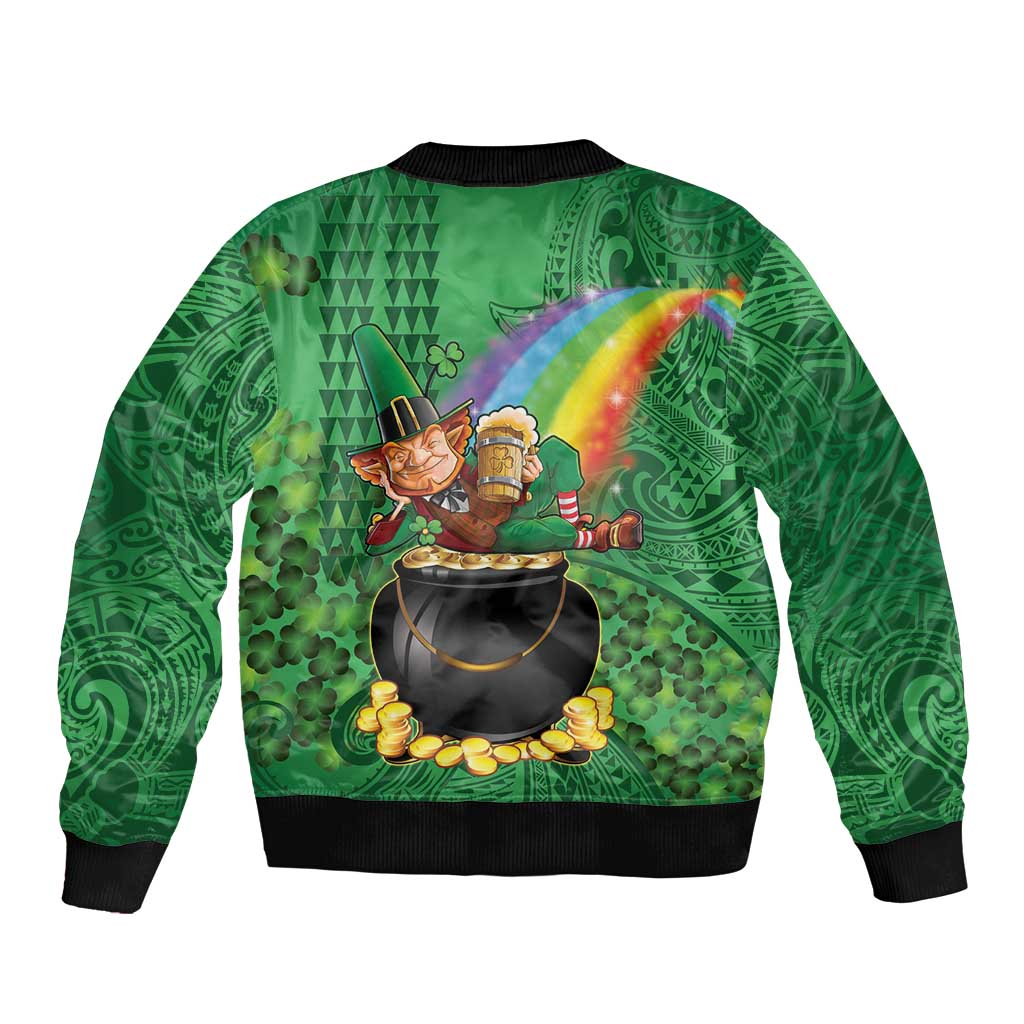 Hawaii Saint Patrick's Day Bomber Jacket Funny Leprechaun With Pot Of Gold - Polynesian Tattoo