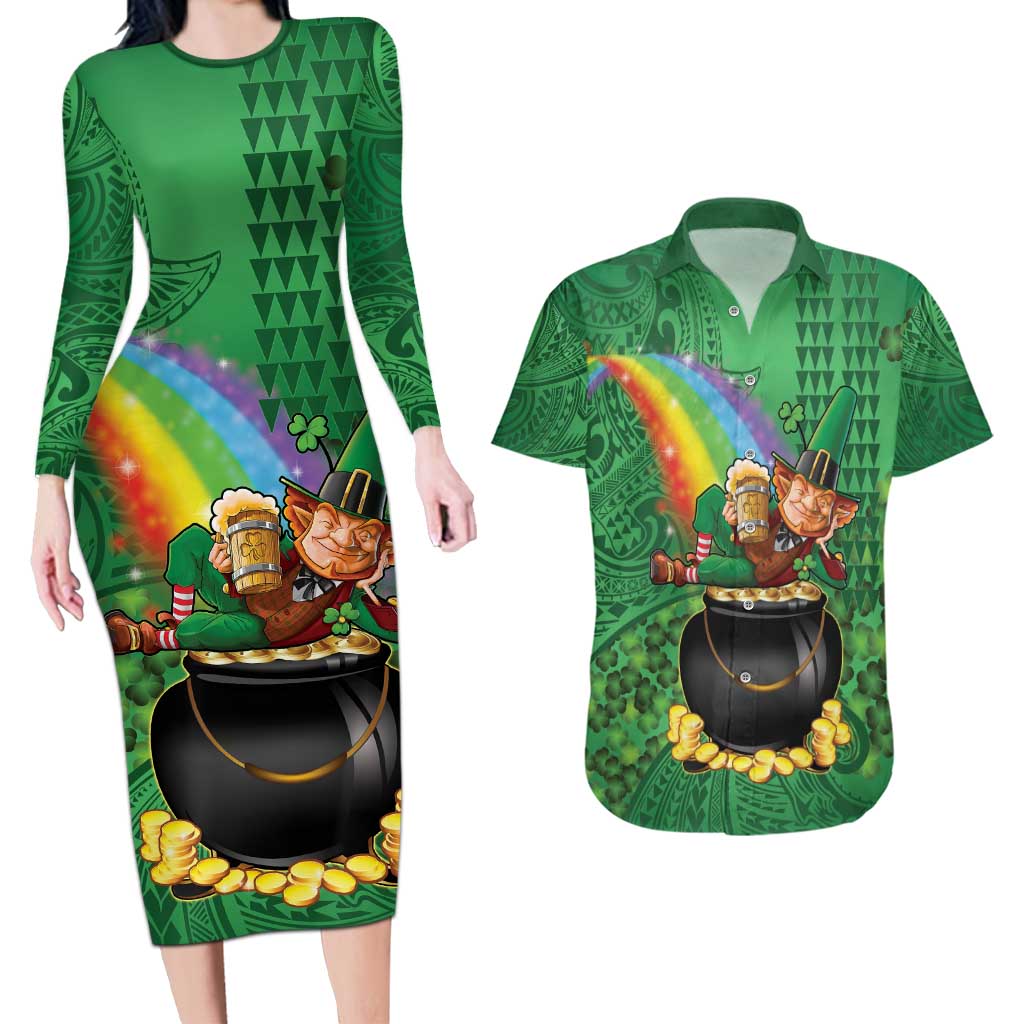 Hawaii Saint Patrick's Day Couples Matching Long Sleeve Bodycon Dress and Hawaiian Shirt Funny Leprechaun With Pot Of Gold - Polynesian Tattoo LT14 Green - Polynesian Pride