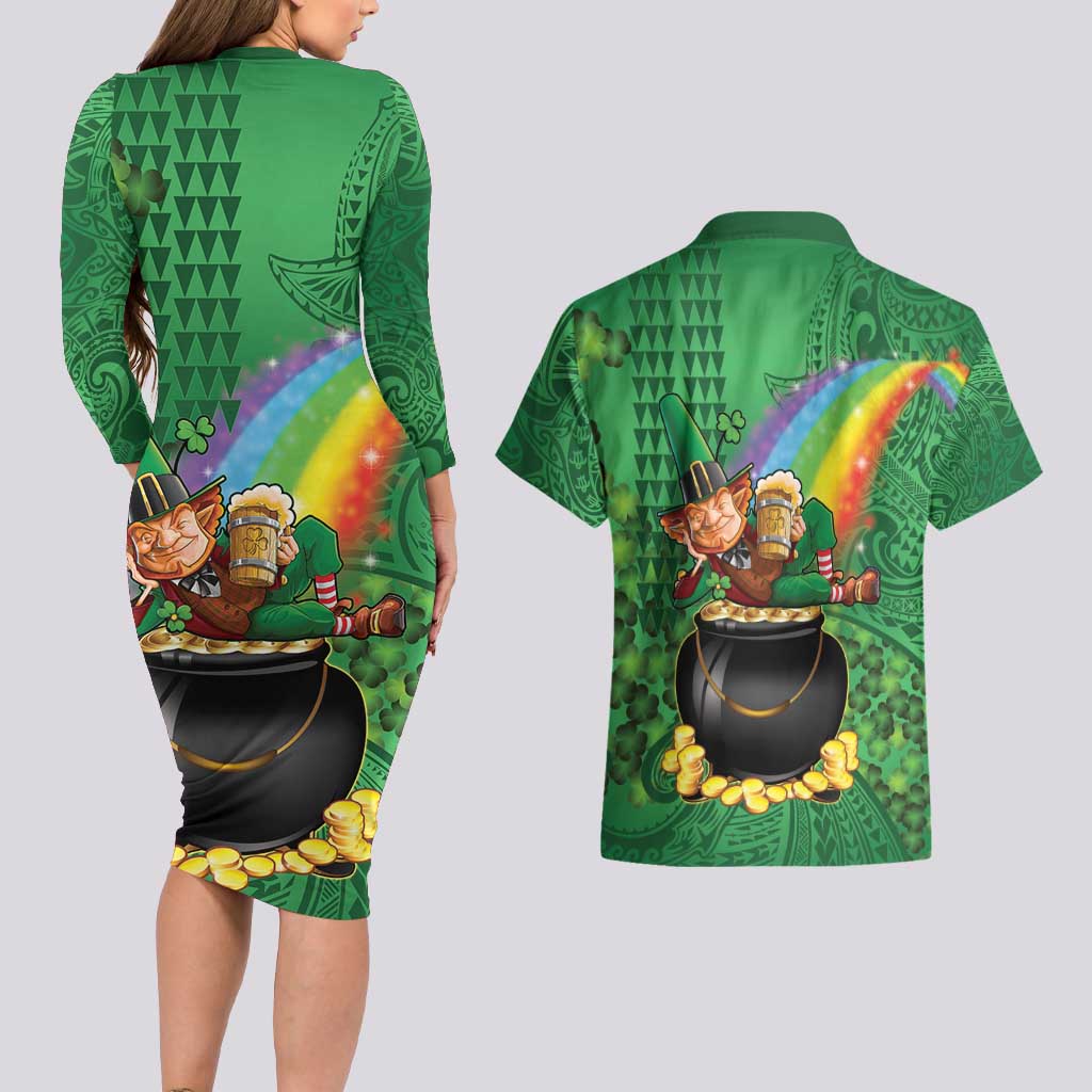 Hawaii Saint Patrick's Day Couples Matching Long Sleeve Bodycon Dress and Hawaiian Shirt Funny Leprechaun With Pot Of Gold - Polynesian Tattoo LT14 - Polynesian Pride
