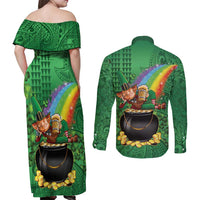 Hawaii Saint Patrick's Day Couples Matching Off Shoulder Maxi Dress and Long Sleeve Button Shirt Funny Leprechaun With Pot Of Gold - Polynesian Tattoo LT14 - Polynesian Pride