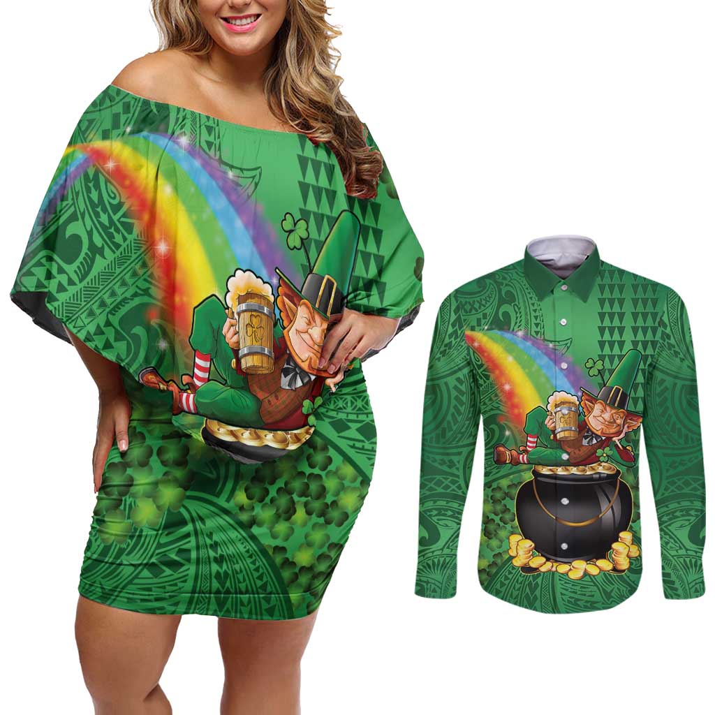 Hawaii Saint Patrick's Day Couples Matching Off Shoulder Short Dress and Long Sleeve Button Shirt Funny Leprechaun With Pot Of Gold - Polynesian Tattoo LT14 Green - Polynesian Pride