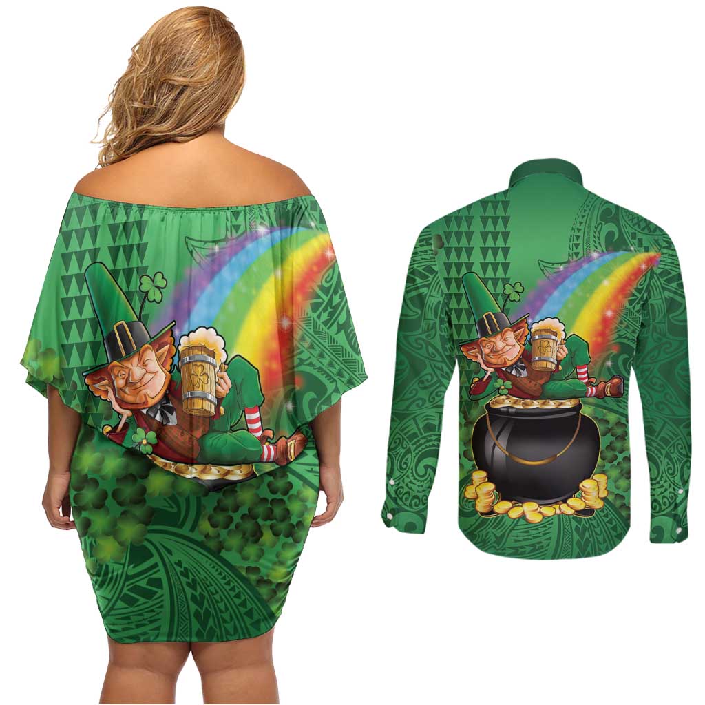 Hawaii Saint Patrick's Day Couples Matching Off Shoulder Short Dress and Long Sleeve Button Shirt Funny Leprechaun With Pot Of Gold - Polynesian Tattoo LT14 - Polynesian Pride