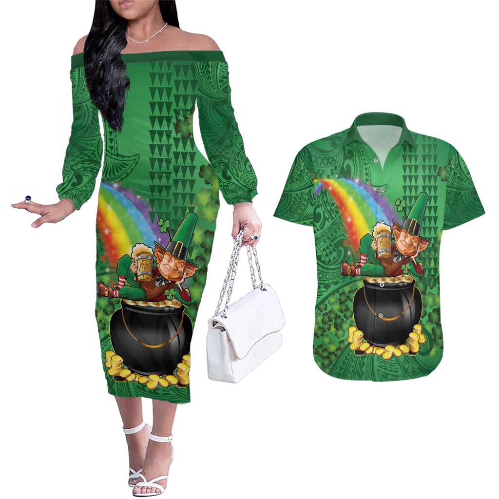 Hawaii Saint Patrick's Day Couples Matching Off The Shoulder Long Sleeve Dress and Hawaiian Shirt Funny Leprechaun With Pot Of Gold - Polynesian Tattoo