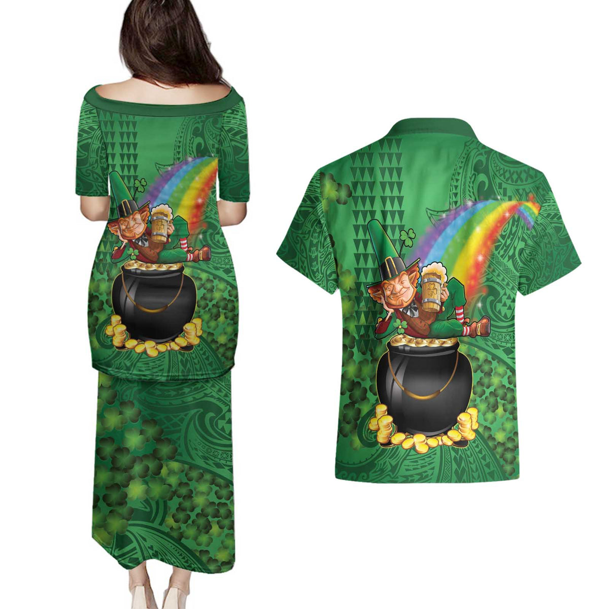 Hawaii Saint Patrick's Day Couples Matching Puletasi and Hawaiian Shirt Funny Leprechaun With Pot Of Gold - Polynesian Tattoo LT14 - Polynesian Pride