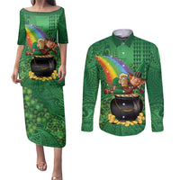 Hawaii Saint Patrick's Day Couples Matching Puletasi and Long Sleeve Button Shirt Funny Leprechaun With Pot Of Gold - Polynesian Tattoo LT14 Green - Polynesian Pride