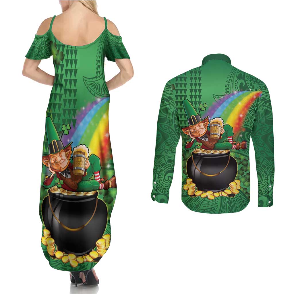 Hawaii Saint Patrick's Day Couples Matching Summer Maxi Dress and Long Sleeve Button Shirt Funny Leprechaun With Pot Of Gold - Polynesian Tattoo LT14 - Polynesian Pride