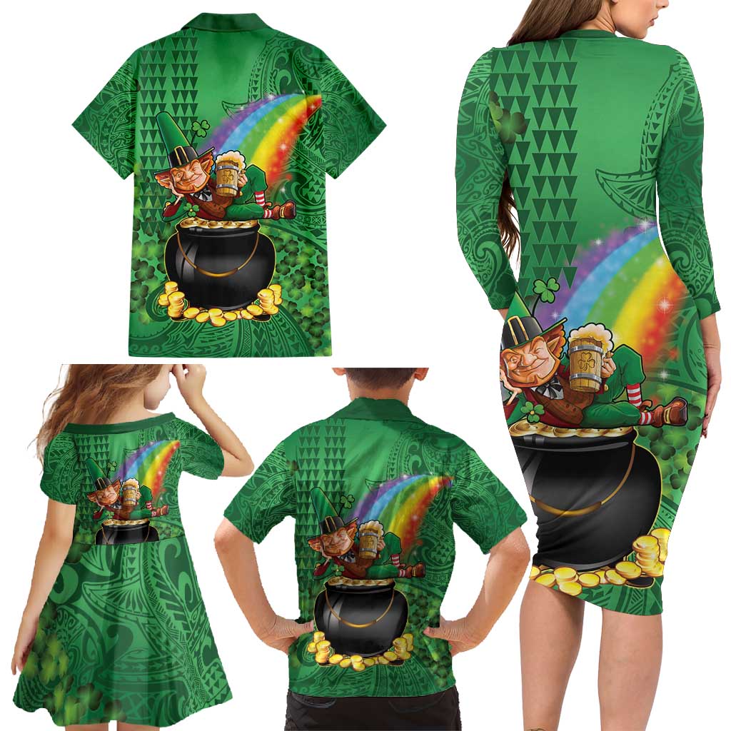 Hawaii Saint Patrick's Day Family Matching Long Sleeve Bodycon Dress and Hawaiian Shirt Funny Leprechaun With Pot Of Gold - Polynesian Tattoo LT14 - Polynesian Pride