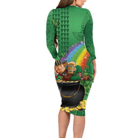 Hawaii Saint Patrick's Day Family Matching Long Sleeve Bodycon Dress and Hawaiian Shirt Funny Leprechaun With Pot Of Gold - Polynesian Tattoo LT14 - Polynesian Pride