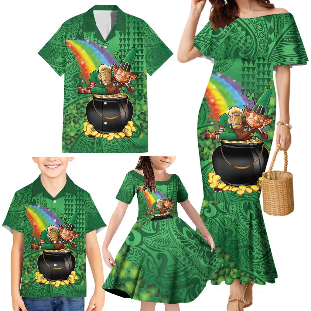 Hawaii Saint Patrick's Day Family Matching Mermaid Dress and Hawaiian Shirt Funny Leprechaun With Pot Of Gold - Polynesian Tattoo LT14 - Polynesian Pride