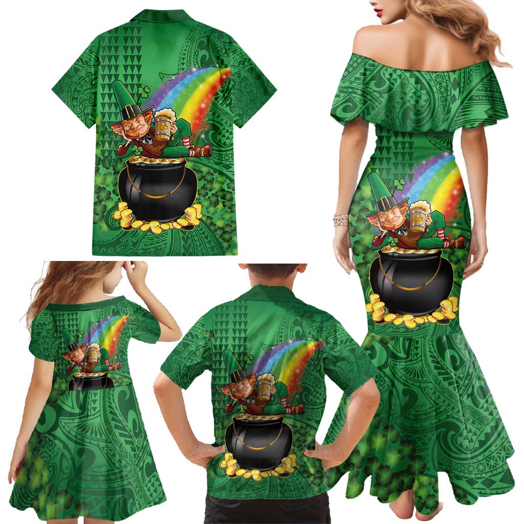 Hawaii Saint Patrick's Day Family Matching Mermaid Dress and Hawaiian Shirt Funny Leprechaun With Pot Of Gold - Polynesian Tattoo LT14 - Polynesian Pride