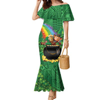 Hawaii Saint Patrick's Day Family Matching Mermaid Dress and Hawaiian Shirt Funny Leprechaun With Pot Of Gold - Polynesian Tattoo LT14 Mom's Dress Green - Polynesian Pride