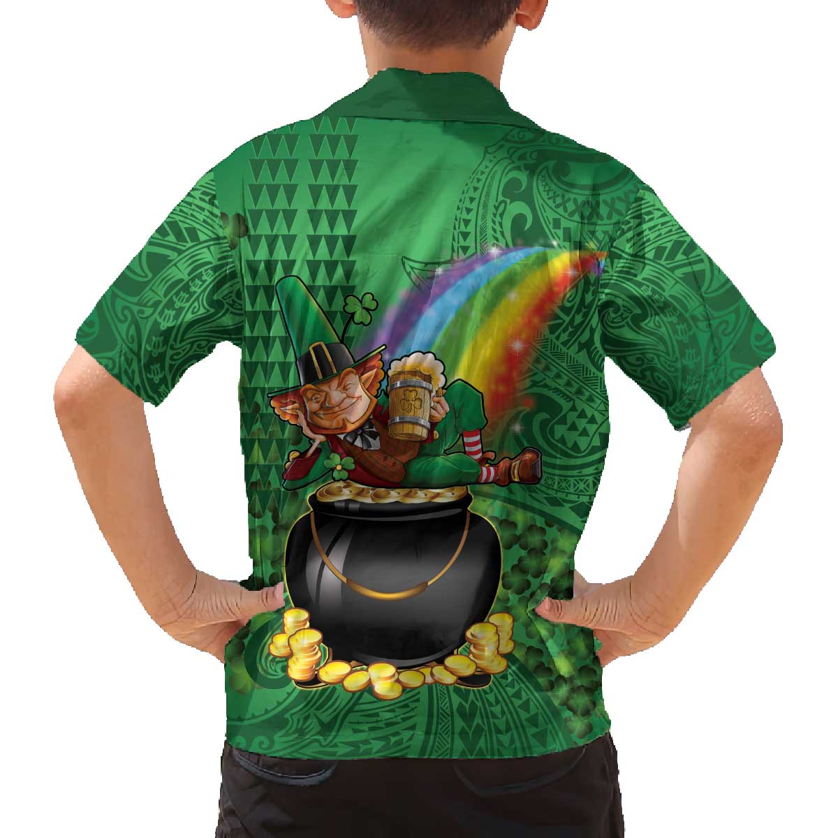 Hawaii Saint Patrick's Day Family Matching Off The Shoulder Long Sleeve Dress and Hawaiian Shirt Funny Leprechaun With Pot Of Gold - Polynesian Tattoo