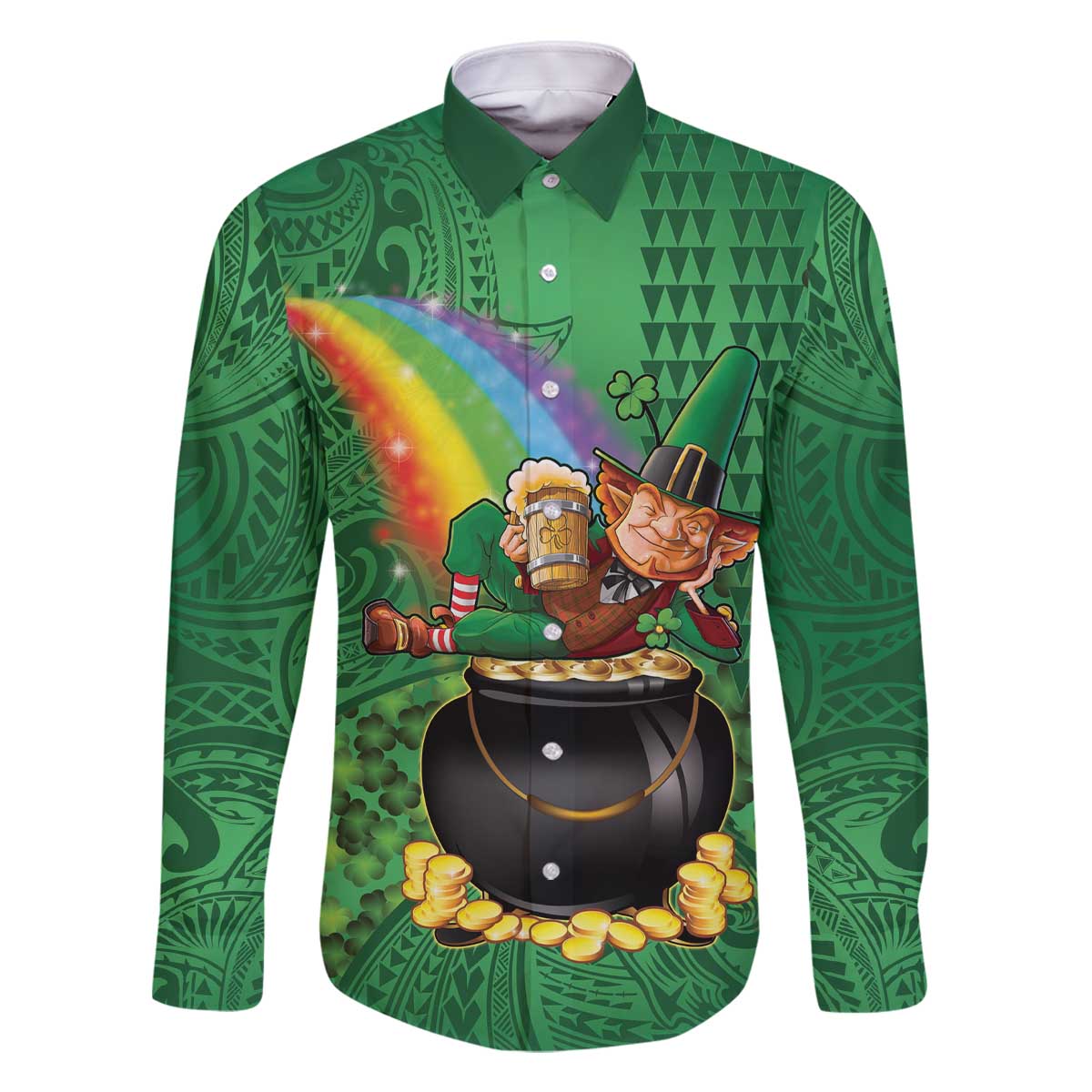 Hawaii Saint Patrick's Day Family Matching Off The Shoulder Long Sleeve Dress and Hawaiian Shirt Funny Leprechaun With Pot Of Gold - Polynesian Tattoo