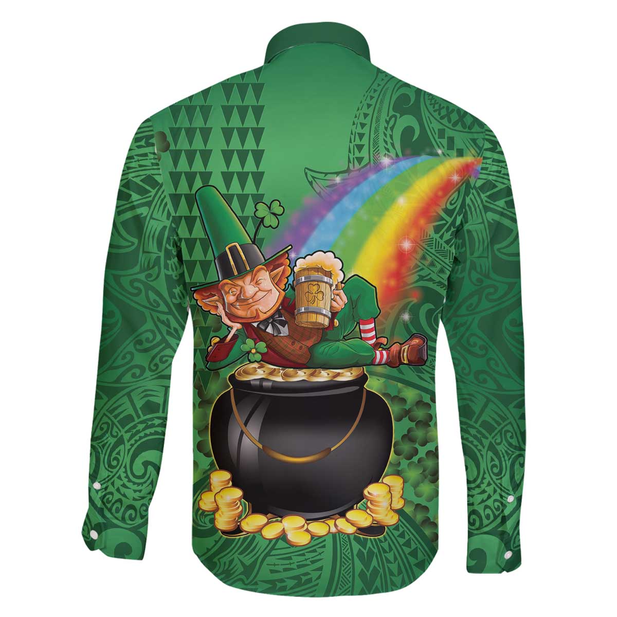 Hawaii Saint Patrick's Day Family Matching Off The Shoulder Long Sleeve Dress and Hawaiian Shirt Funny Leprechaun With Pot Of Gold - Polynesian Tattoo