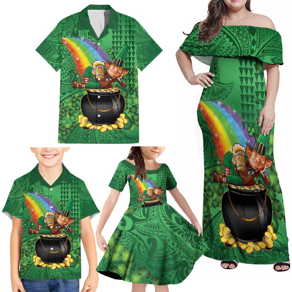 Hawaii Saint Patrick's Day Family Matching Off Shoulder Maxi Dress and Hawaiian Shirt Funny Leprechaun With Pot Of Gold - Polynesian Tattoo LT14 - Polynesian Pride