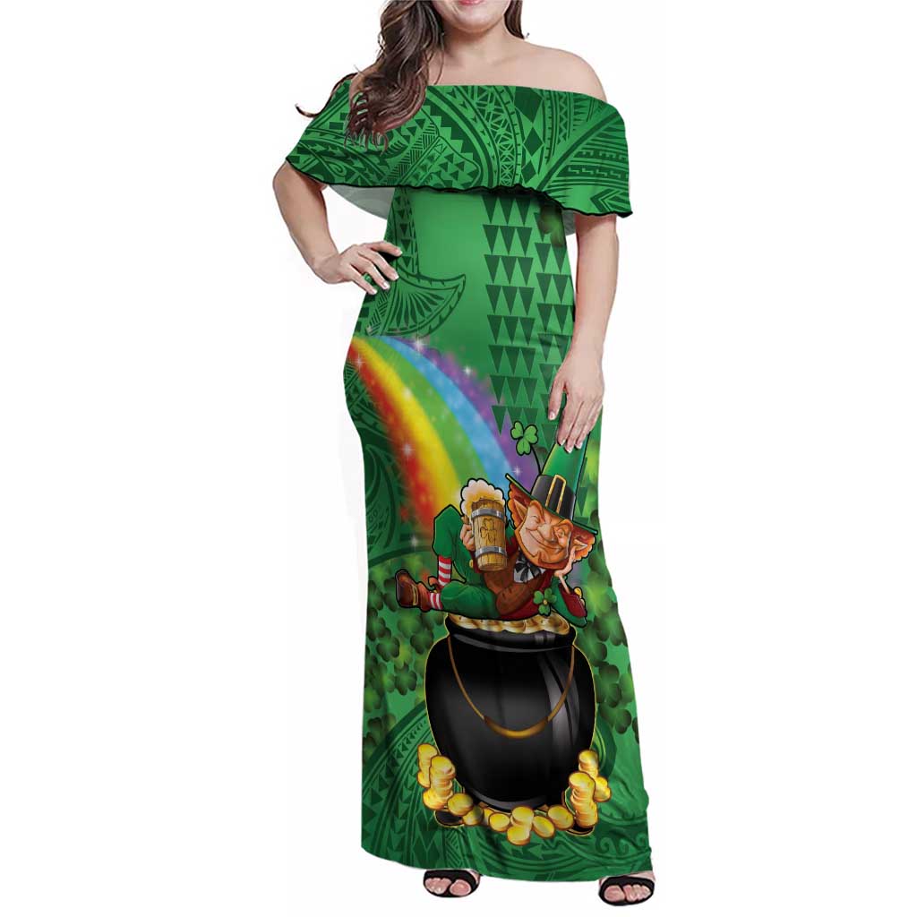 Hawaii Saint Patrick's Day Family Matching Off Shoulder Maxi Dress and Hawaiian Shirt Funny Leprechaun With Pot Of Gold - Polynesian Tattoo LT14 Mom's Dress Green - Polynesian Pride