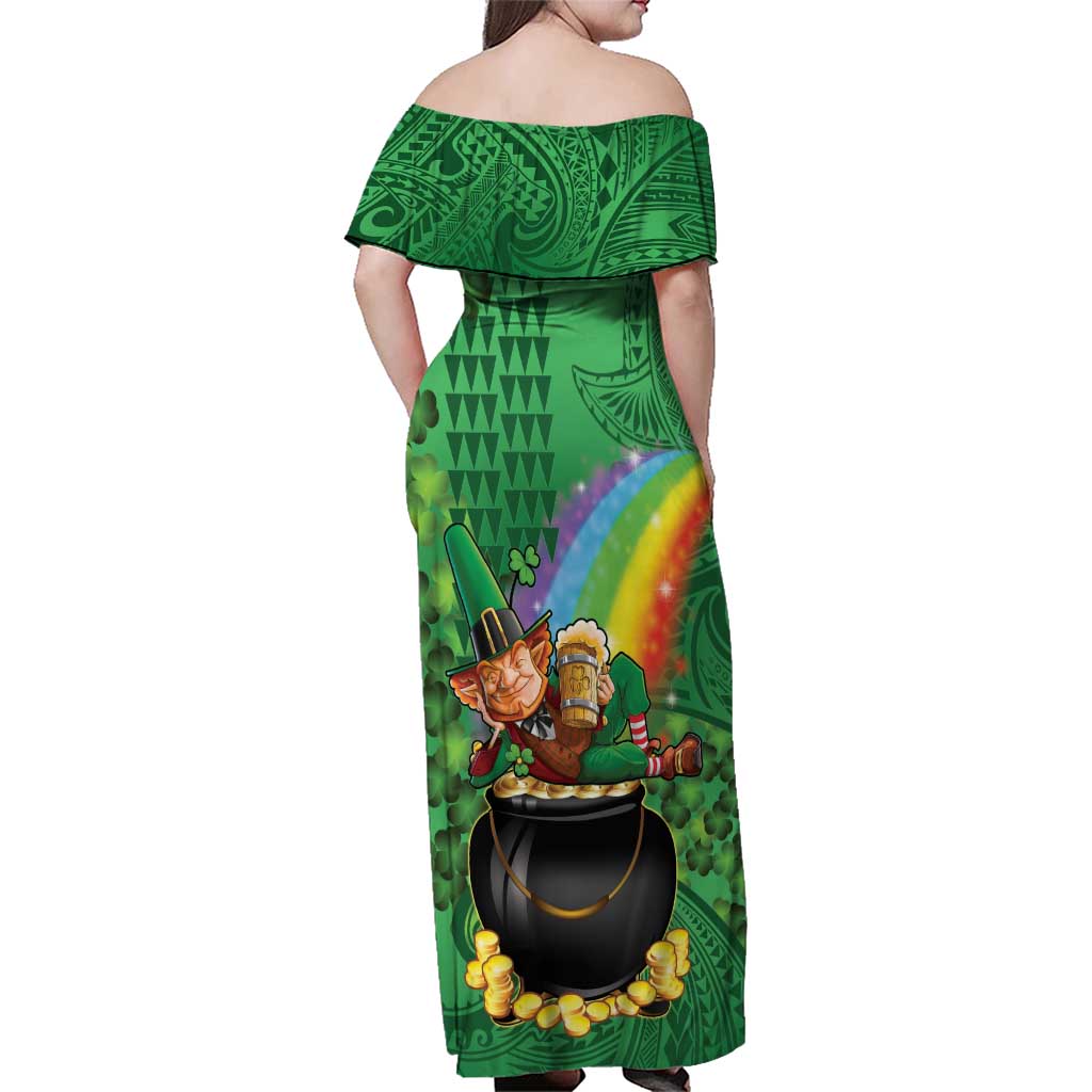 Hawaii Saint Patrick's Day Family Matching Off Shoulder Maxi Dress and Hawaiian Shirt Funny Leprechaun With Pot Of Gold - Polynesian Tattoo LT14 - Polynesian Pride