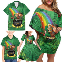 Hawaii Saint Patrick's Day Family Matching Off Shoulder Short Dress and Hawaiian Shirt Funny Leprechaun With Pot Of Gold - Polynesian Tattoo LT14 - Polynesian Pride