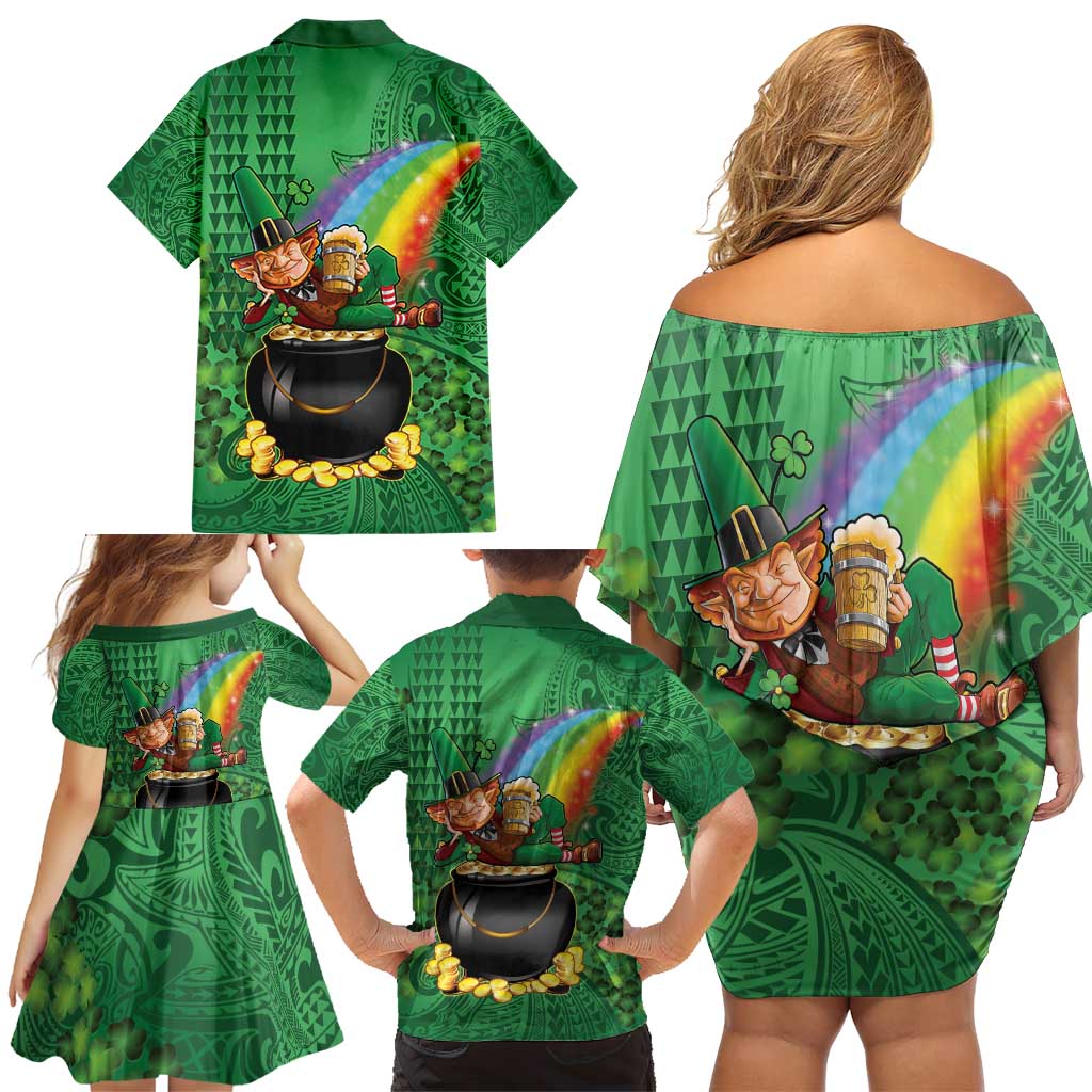 Hawaii Saint Patrick's Day Family Matching Off Shoulder Short Dress and Hawaiian Shirt Funny Leprechaun With Pot Of Gold - Polynesian Tattoo LT14 - Polynesian Pride