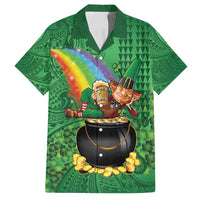 Hawaii Saint Patrick's Day Family Matching Off Shoulder Short Dress and Hawaiian Shirt Funny Leprechaun With Pot Of Gold - Polynesian Tattoo LT14 Dad's Shirt - Short Sleeve Green - Polynesian Pride