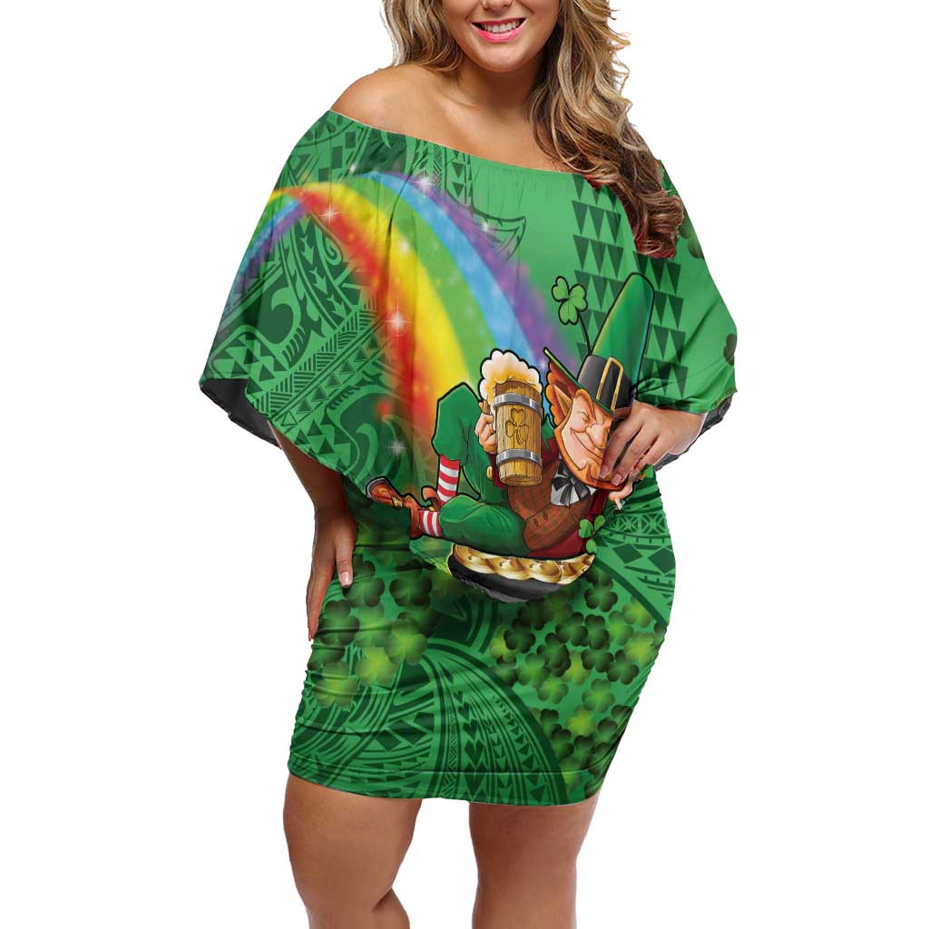 Hawaii Saint Patrick's Day Family Matching Off Shoulder Short Dress and Hawaiian Shirt Funny Leprechaun With Pot Of Gold - Polynesian Tattoo LT14 Mom's Dress Green - Polynesian Pride