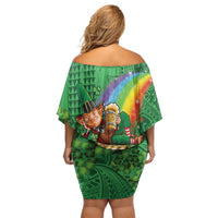Hawaii Saint Patrick's Day Family Matching Off Shoulder Short Dress and Hawaiian Shirt Funny Leprechaun With Pot Of Gold - Polynesian Tattoo LT14 - Polynesian Pride