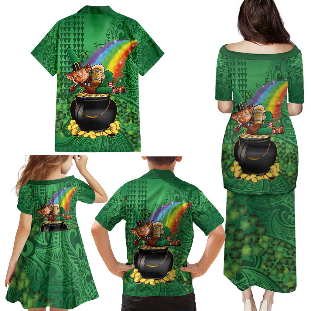 Hawaii Saint Patrick's Day Family Matching Puletasi and Hawaiian Shirt Funny Leprechaun With Pot Of Gold - Polynesian Tattoo LT14 - Polynesian Pride