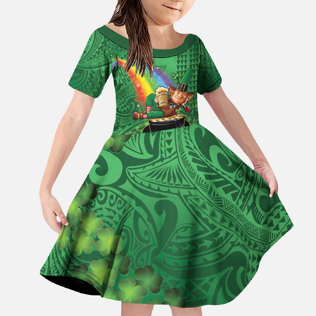 Hawaii Saint Patrick's Day Family Matching Summer Maxi Dress and Hawaiian Shirt Funny Leprechaun With Pot Of Gold - Polynesian Tattoo LT14 Daughter's Dress Green - Polynesian Pride