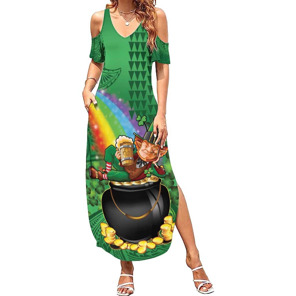 Hawaii Saint Patrick's Day Family Matching Summer Maxi Dress and Hawaiian Shirt Funny Leprechaun With Pot Of Gold - Polynesian Tattoo LT14 Mom's Dress Green - Polynesian Pride