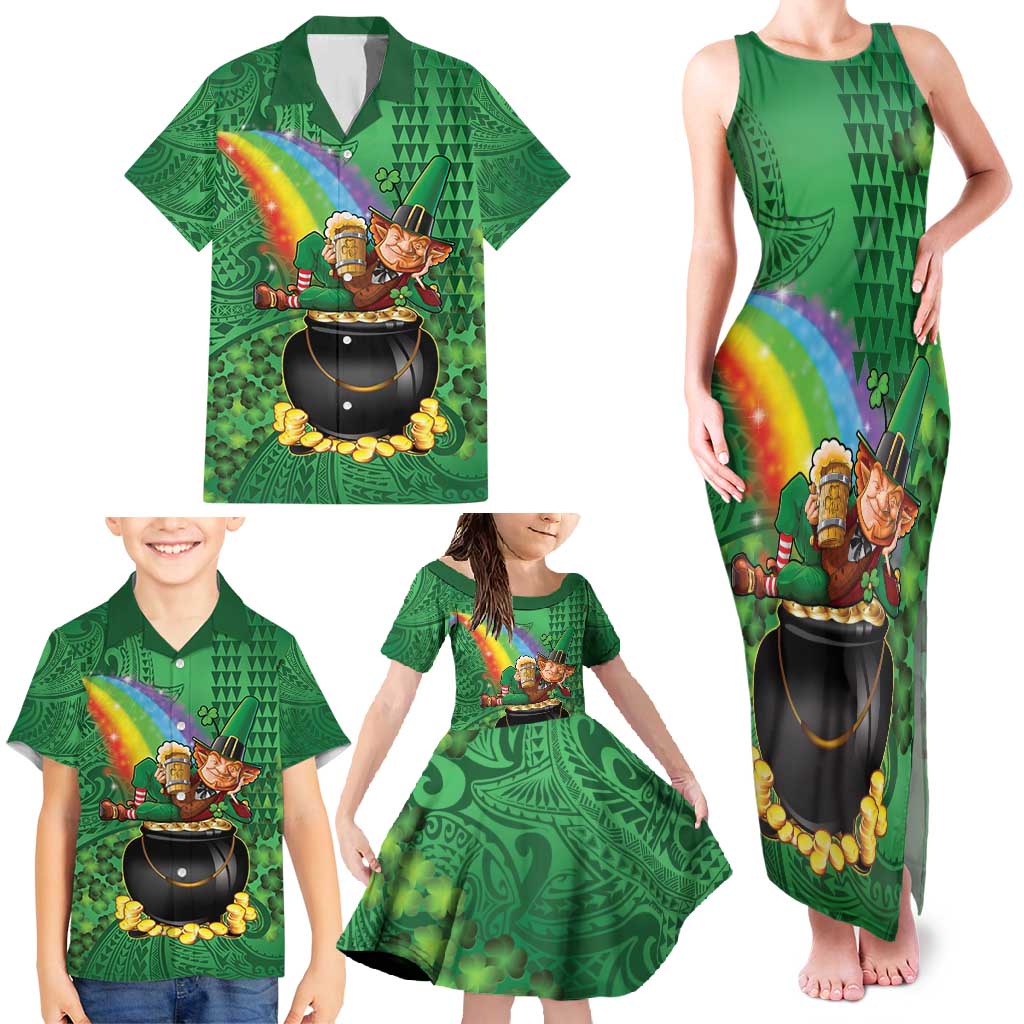Hawaii Saint Patrick's Day Family Matching Tank Maxi Dress and Hawaiian Shirt Funny Leprechaun With Pot Of Gold - Polynesian Tattoo LT14 - Polynesian Pride