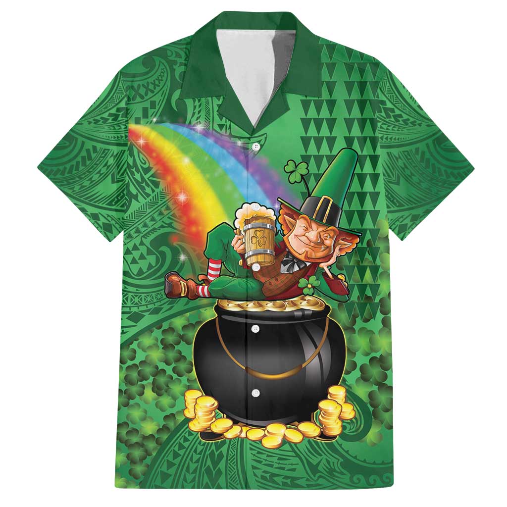 Hawaii Saint Patrick's Day Family Matching Tank Maxi Dress and Hawaiian Shirt Funny Leprechaun With Pot Of Gold - Polynesian Tattoo LT14 Dad's Shirt - Short Sleeve Green - Polynesian Pride