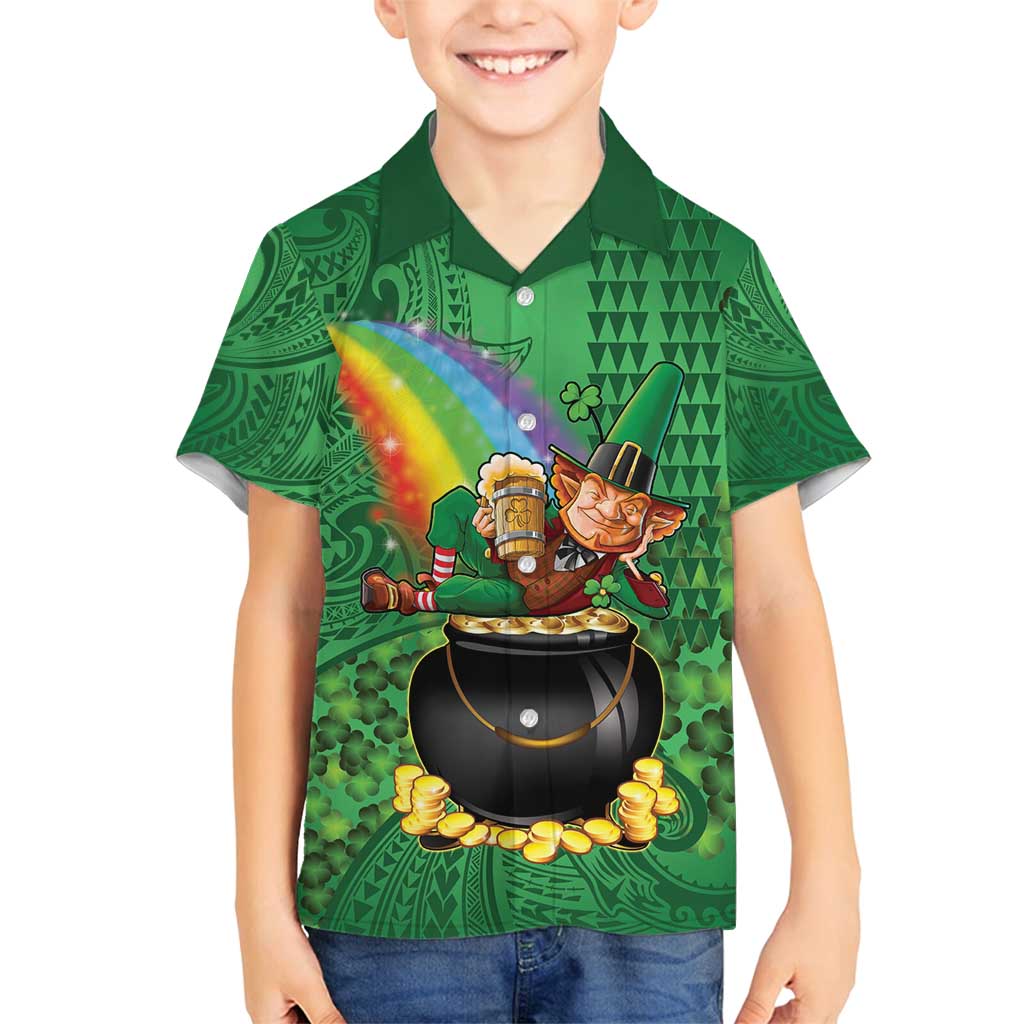 Hawaii Saint Patrick's Day Family Matching Tank Maxi Dress and Hawaiian Shirt Funny Leprechaun With Pot Of Gold - Polynesian Tattoo LT14 Son's Shirt Green - Polynesian Pride