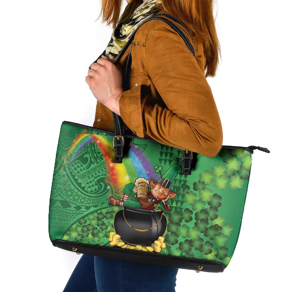Hawaii Saint Patrick's Day Leather Tote Bag Funny Leprechaun With Pot Of Gold - Polynesian Tattoo LT14 Green - Polynesian Pride