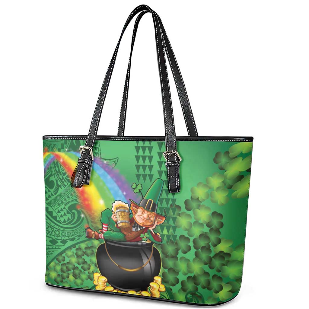 Hawaii Saint Patrick's Day Leather Tote Bag Funny Leprechaun With Pot Of Gold - Polynesian Tattoo LT14 - Polynesian Pride