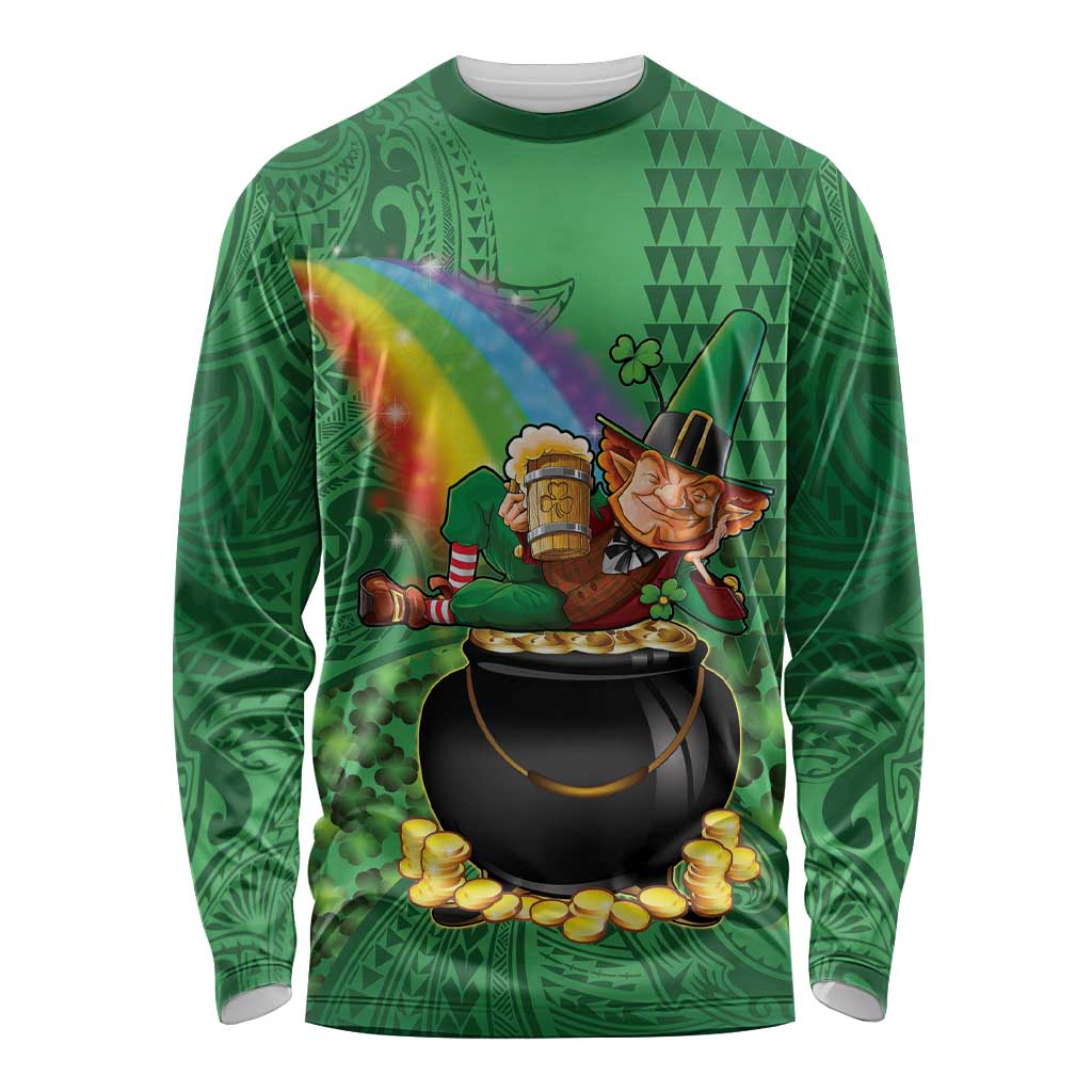 Hawaii Saint Patrick's Day Long Sleeve Shirt Funny Leprechaun With Pot Of Gold - Polynesian Tattoo LT14 Unisex Green - Polynesian Pride