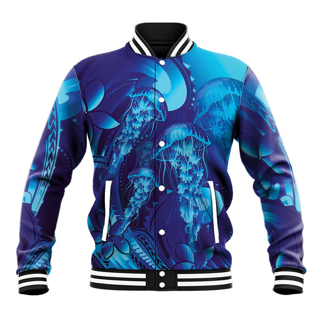 Purple Paradise Polynesia Jellyfish Baseball Jacket Plumeria Polynesian Tattoo Glowing Vibes