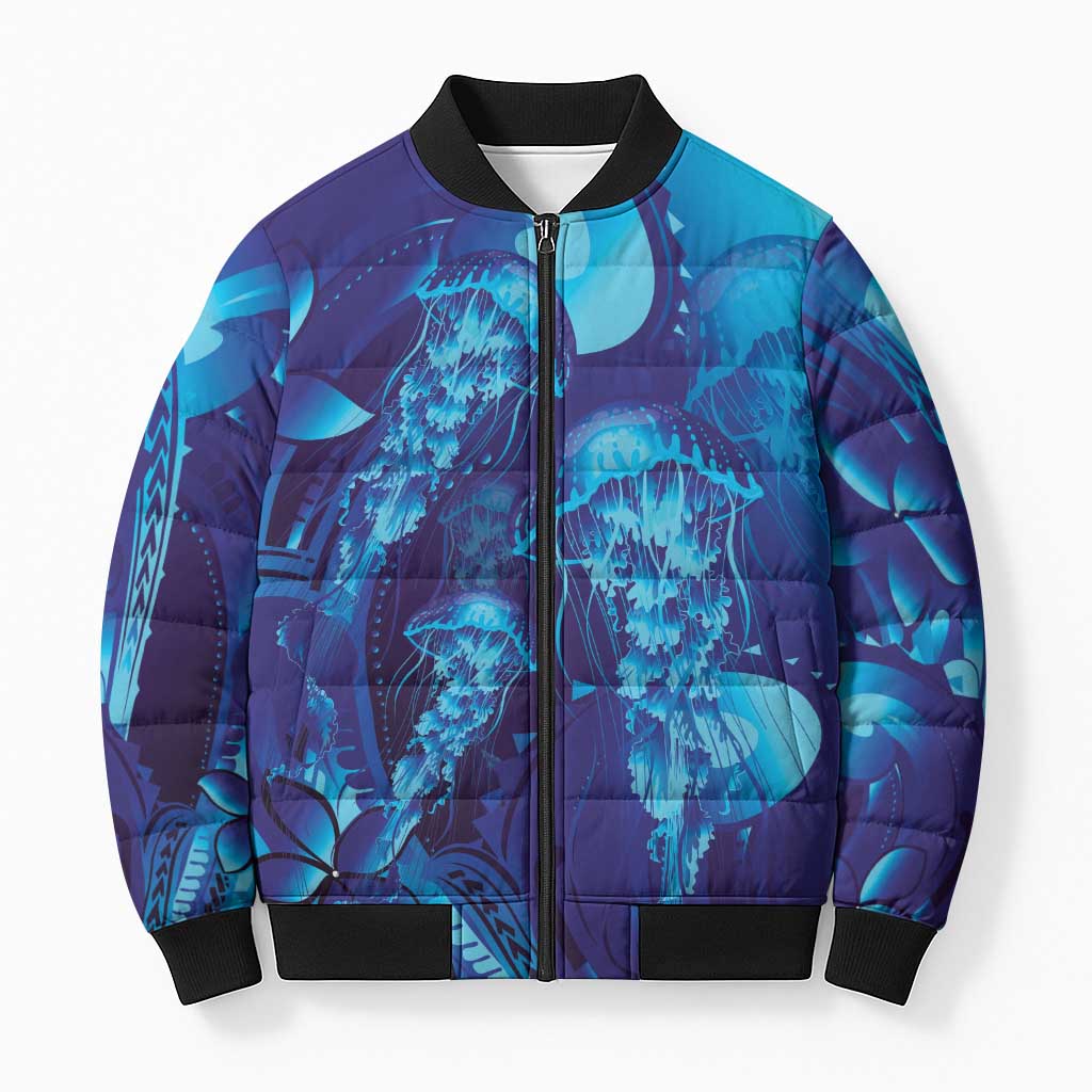 Purple Paradise Polynesia Jellyfish Bomber Puffer Jacket Plumeria Polynesian Tattoo Glowing Vibes