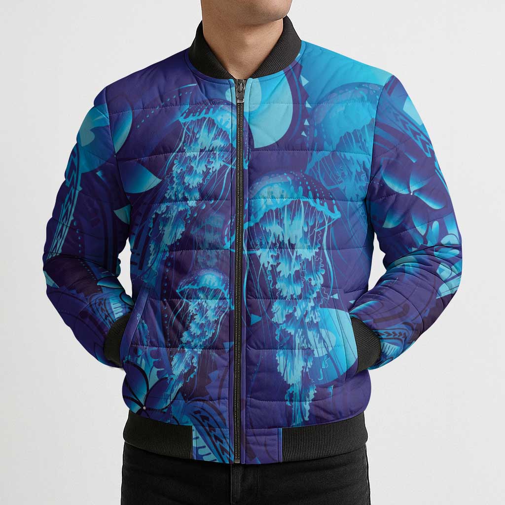 Purple Paradise Polynesia Jellyfish Bomber Puffer Jacket Plumeria Polynesian Tattoo Glowing Vibes