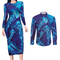 Purple Paradise Polynesia Jellyfish Couples Matching Long Sleeve Bodycon Dress and Long Sleeve Button Shirt Plumeria Polynesian Tattoo Glowing Vibes