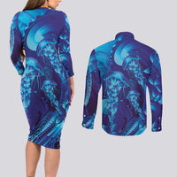 Purple Paradise Polynesia Jellyfish Couples Matching Long Sleeve Bodycon Dress and Long Sleeve Button Shirt Plumeria Polynesian Tattoo Glowing Vibes