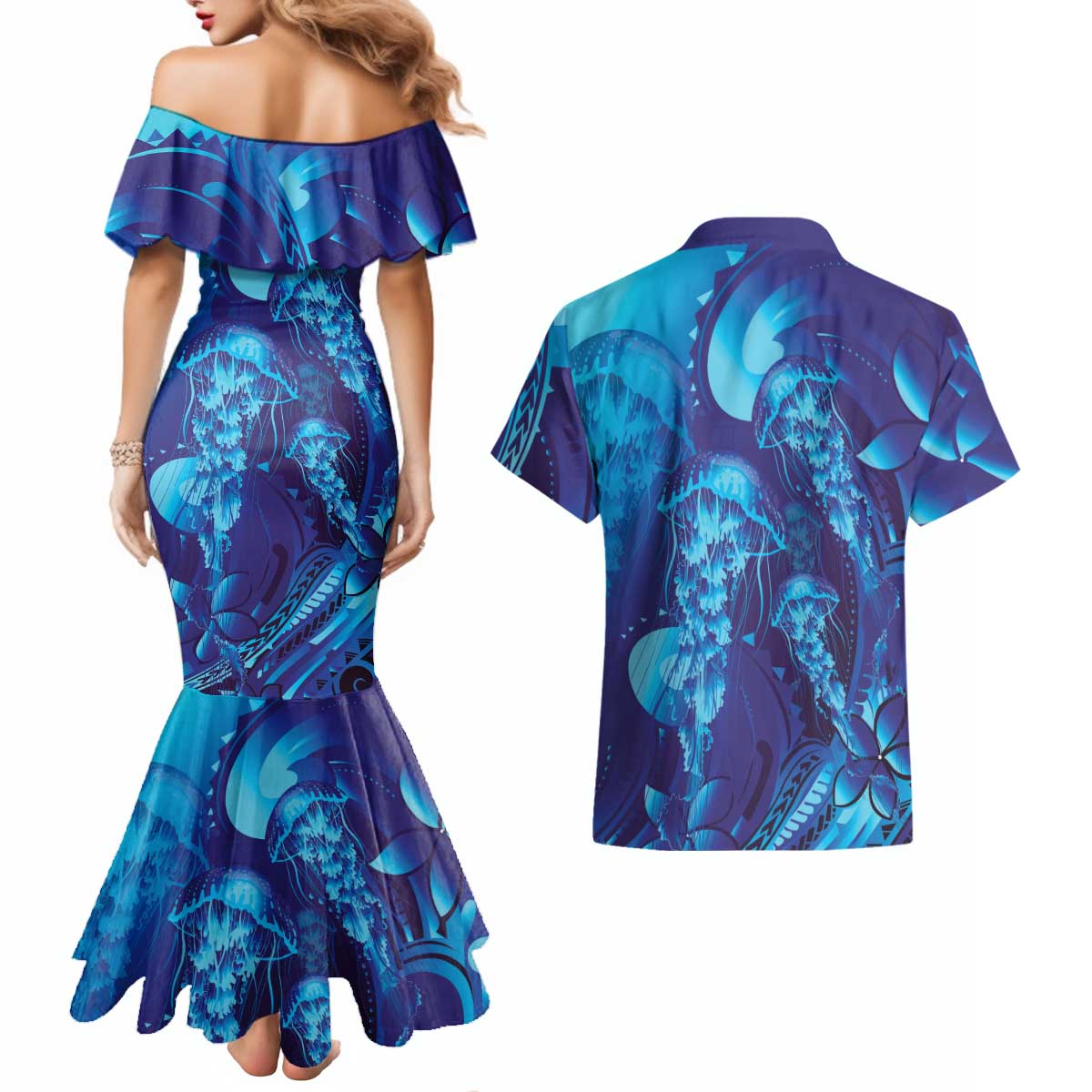 Purple Paradise Polynesia Jellyfish Couples Matching Mermaid Dress and Hawaiian Shirt Plumeria Polynesian Tattoo Glowing Vibes