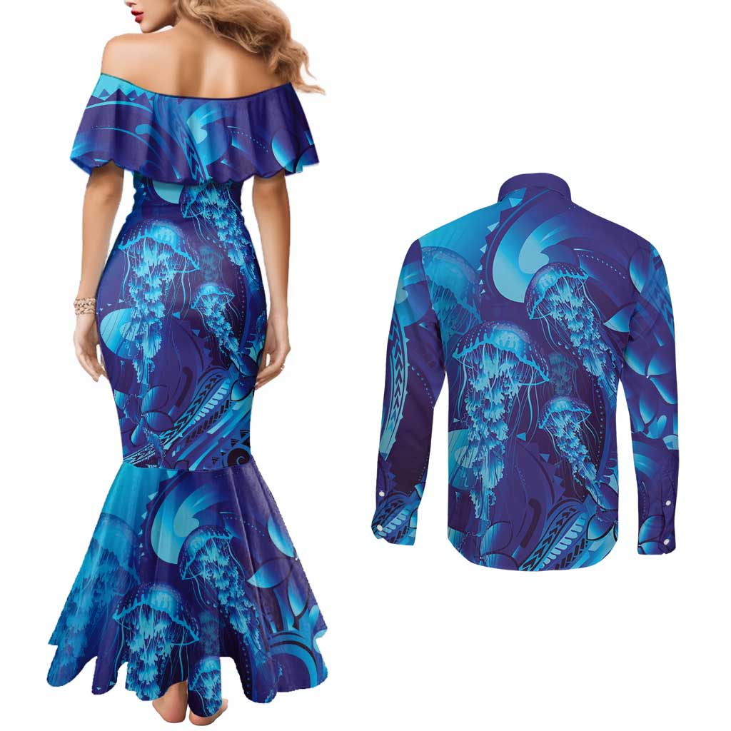 Purple Paradise Polynesia Jellyfish Couples Matching Mermaid Dress and Long Sleeve Button Shirt Plumeria Polynesian Tattoo Glowing Vibes LT14 - Polynesian Pride
