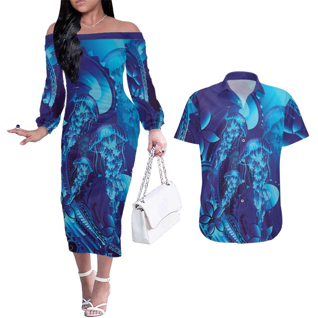 Purple Paradise Polynesia Jellyfish Couples Matching Off The Shoulder Long Sleeve Dress and Hawaiian Shirt Plumeria Polynesian Tattoo Glowing Vibes